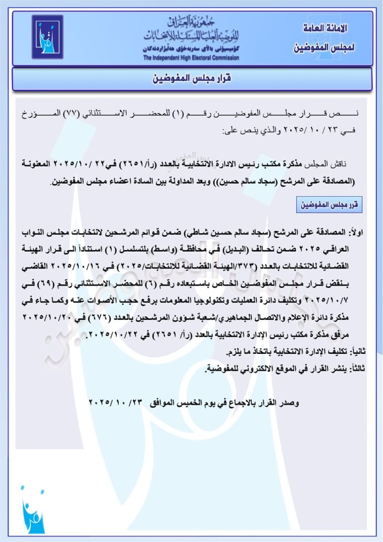 مفوضية الانتخابات تعيد سجاد سالم وتستبعد مرشحين من تصميم ودولة القانون