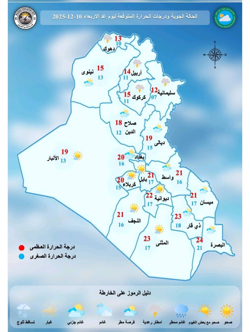 طقس ممطر في أغلب المحافظات.. وثلوج على مرتفعات أربيل ودهوك