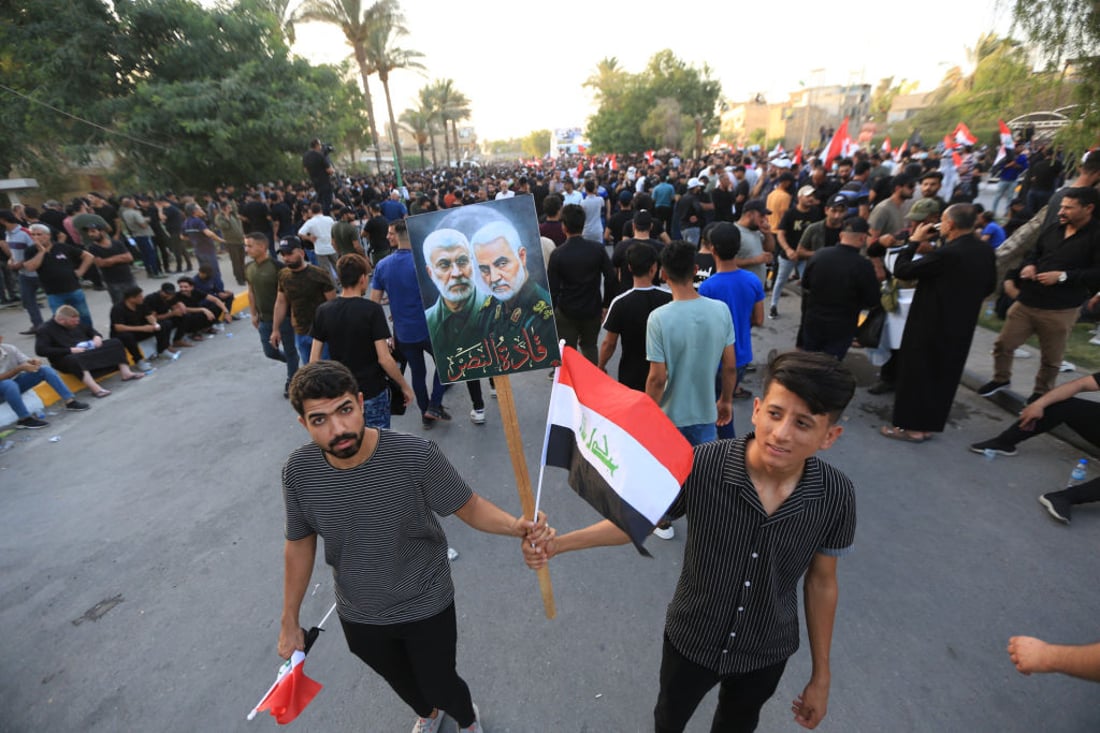 BAGHDAD, IRAQ - AUGUST 12: Iran-backed Shiite group start a sit-in outside the capital Baghdad's high-security Green Zone, on August 12, 2022. (Photo by Murtadha Al-Sudani/Anadolu Agency via Getty Images)
