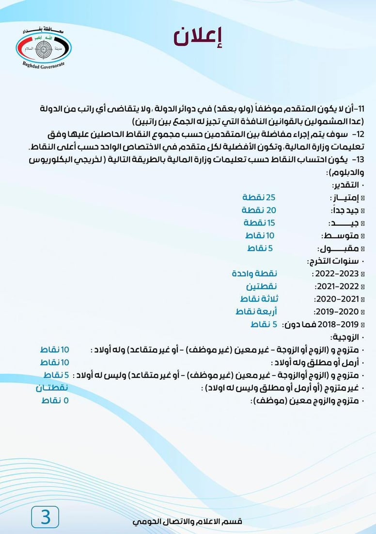 قائمة طويلة من شروط التقديم على تعيينات العقود في بغداد (وثائق)
