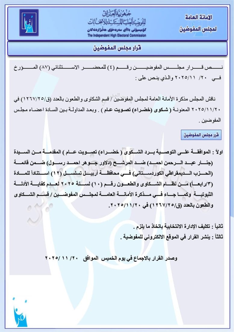 مفوضية الانتخابات ترد 13 شكوى خضراء من 4 محافظات