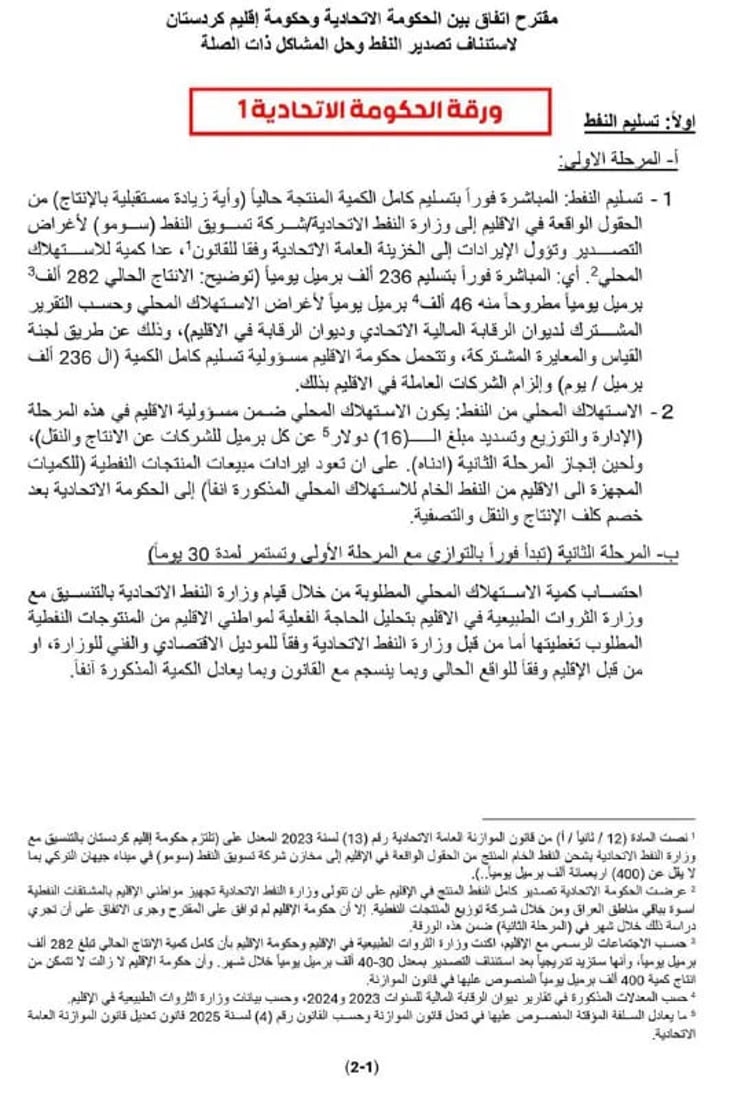 نص ورقتي الاتفاق بين بغداد وأربيل اللتين ناقشهما مجلس الوزراء