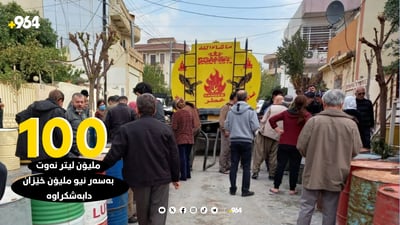 100 ملیۆن لیتر نه‌وت به‌سه‌ر نیو ملیۆن خێزان دابه‌شكراوه‌