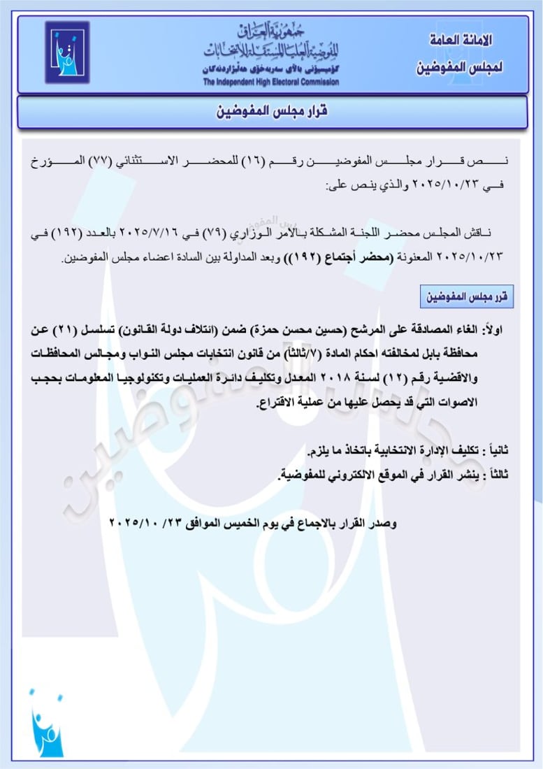 مفوضية الانتخابات تعيد سجاد سالم وتستبعد مرشحين من تصميم ودولة القانون
