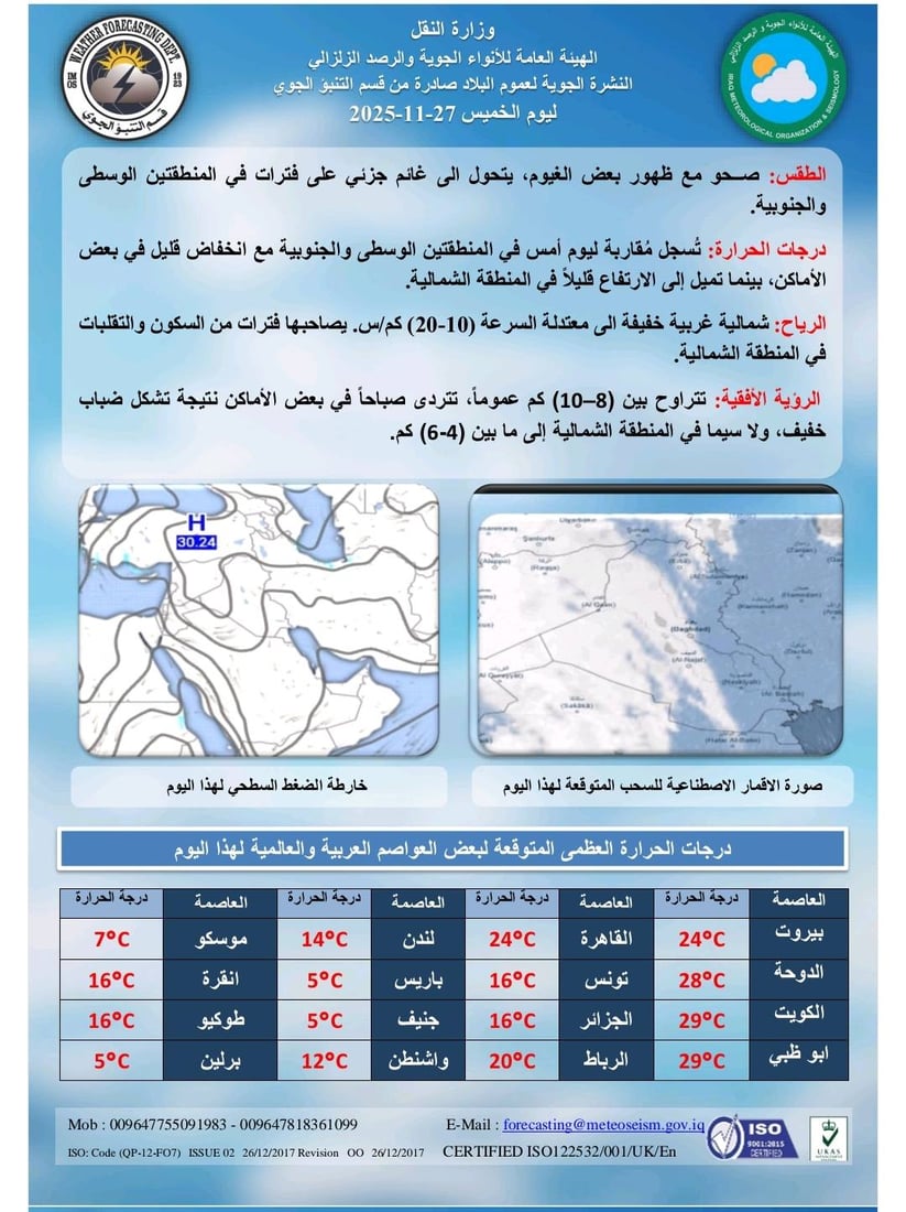 درجات الحرارة مستقرة مع ارتفاع طفيف في الشمال وانخفاض بالوسط والجنوب