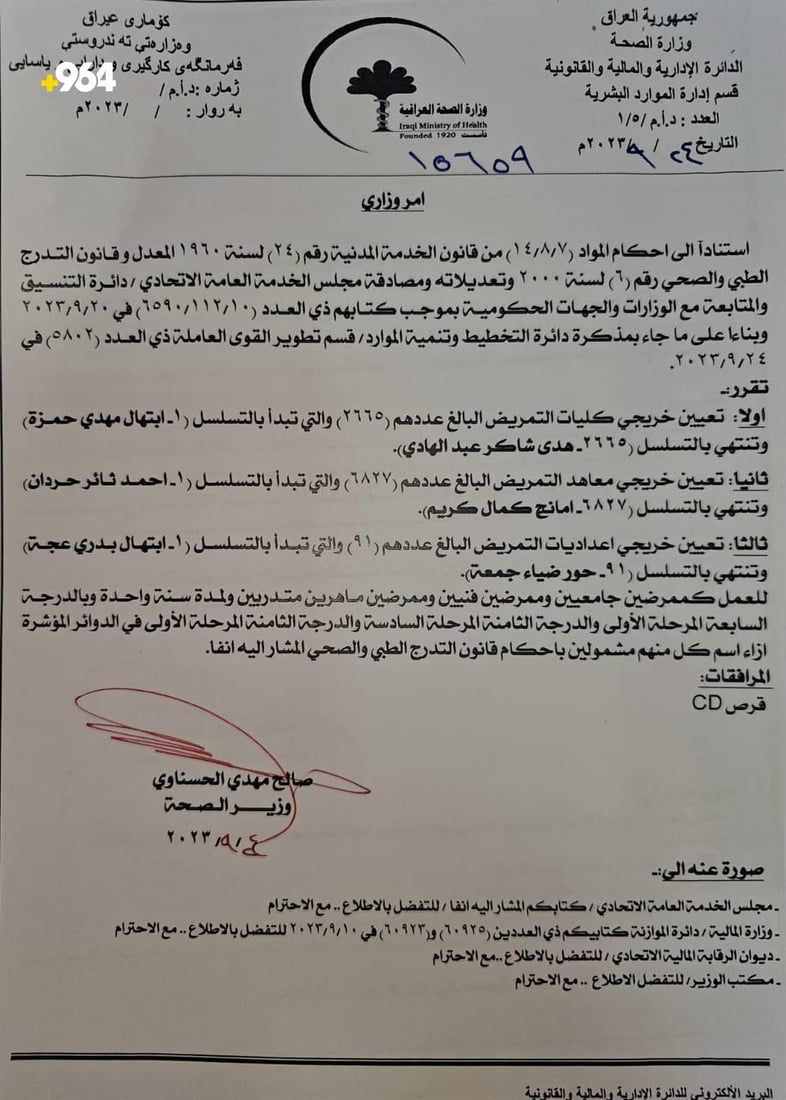وەزارەتی تەندروستی عێراق بڕیاری دامەزراندنی بۆ دەرچووانی پزیشکی هەرێم راگەیاند