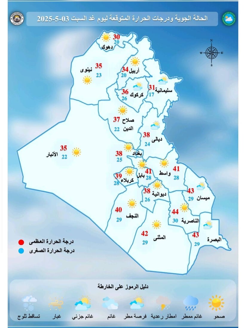 طقس العراق اليوم الجمعة.. غائم جزئي وفترات صحو مع فرص لهطول الأمطار