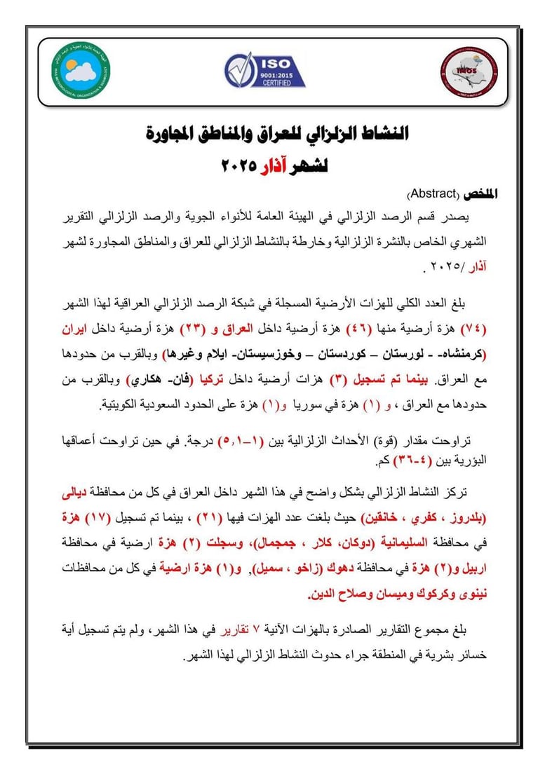 العراق يسجل 46 هزة أرضية خلال شهر آذار