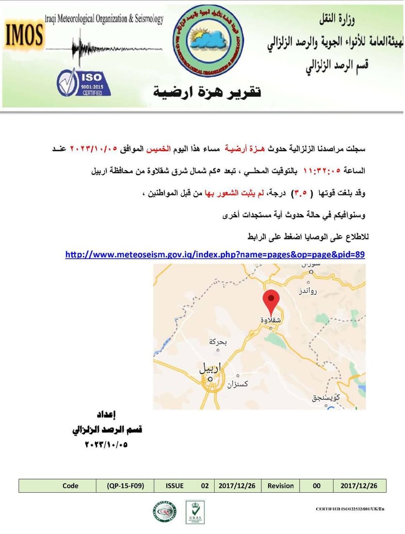 تفاصيل الهزة الأرضية التي ضربت أربيل: شمال شرق شقلاوة ولم يشعر بها السكان