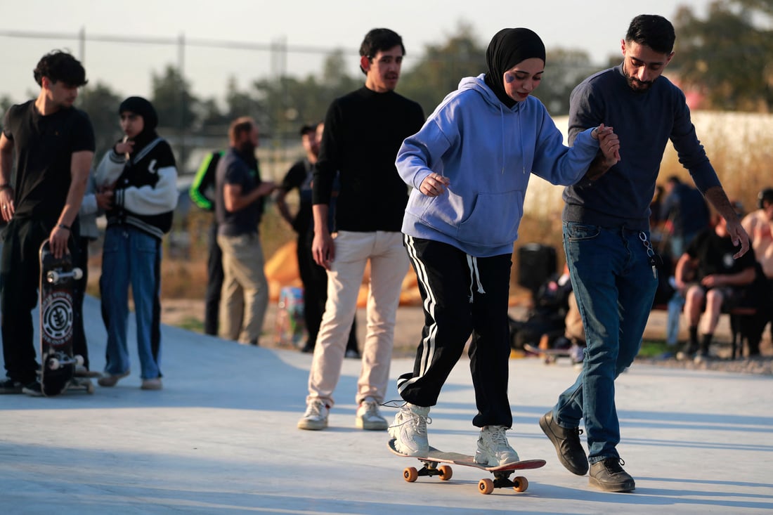 Iraqi skaters show their skills at a skatepark in Baghdad on February 1, 2025 (Photo by AHMAD AL-RUBAYE / AFP)