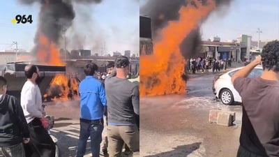 بارهەڵگرێک بە بەنزینەوە سووتا و زیانی بە دوو ئۆتۆمبێلیش گەیاند