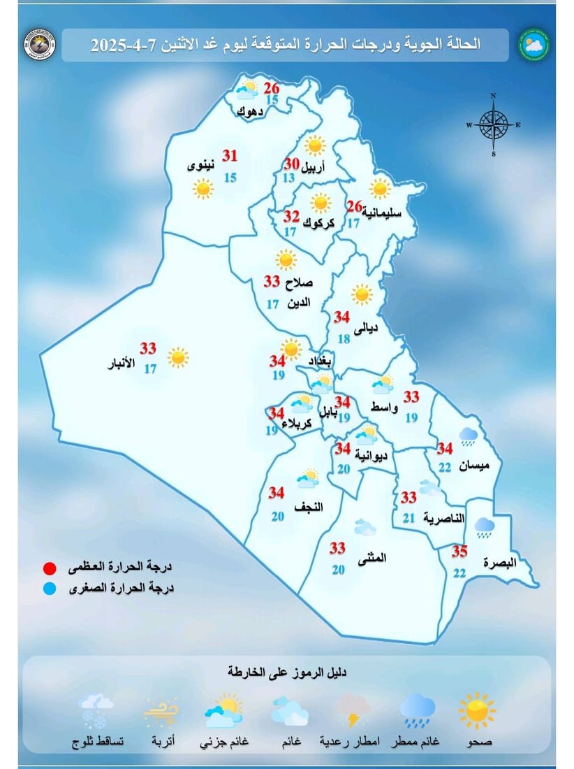 طقس العراق: أجواء غائمة جزئياً مع زخات مطر خفيفة خلال الأيام المقبلة