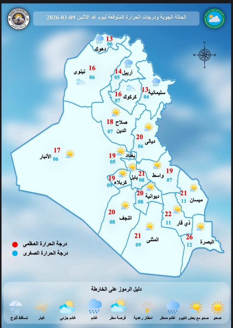 أمطار وثلوج يشهدها العراق اليوم.. واستقرار نسبي مطلع الأسبوع المقبل
