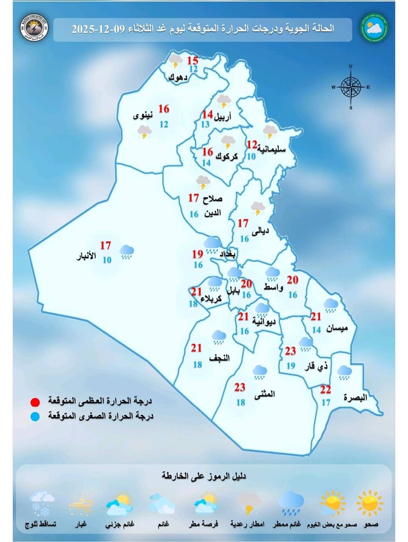 طقس العراق.. أمطار رعدية متفاوتة الشدة في الشمال والوسط