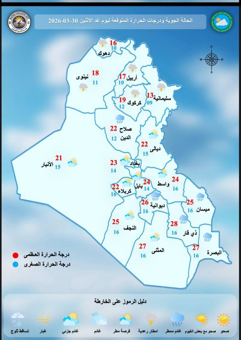 طقس العراق.. غيوم وأمطار شمالاً وثلوج على الجبال