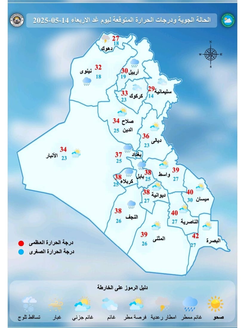 طقس العراق: أجواء غائمة جزئياً مع فرص لأمطار رعدية في الوسط والشمال