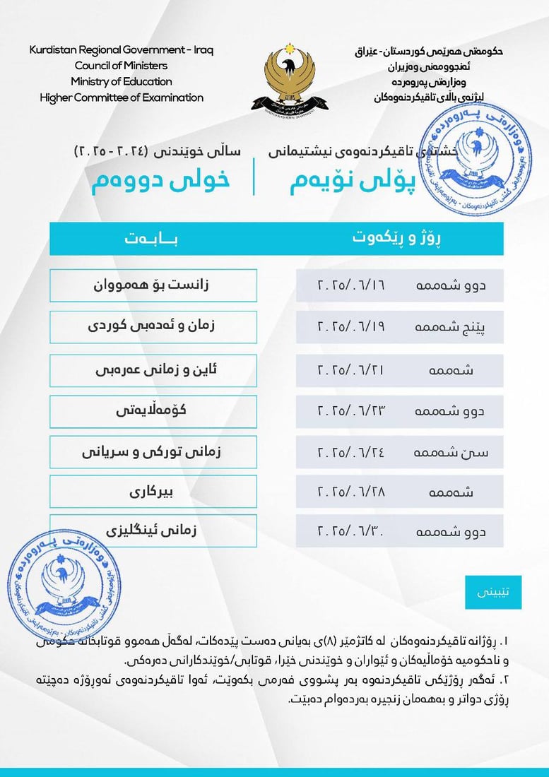 خشتەی تاقیکردنەوەکانی خولی دووەمی پۆلی نۆ بڵاوکرایەوە