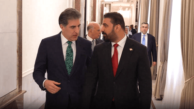 لقطات لعلي الزيدي وهو يستقبل نيجيرفان بارزاني في بغداد