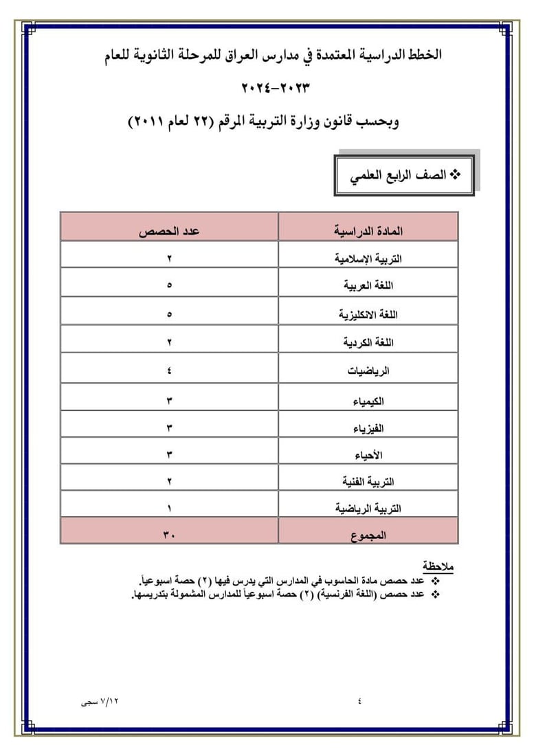 التربية تُعلن جدول الحصص الدراسية للمراحل المتوسطة والإعدادية