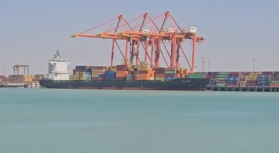 فيديو: باخرة تجارية تصل إلى أم قصر محملة بحاويات من الإمارات