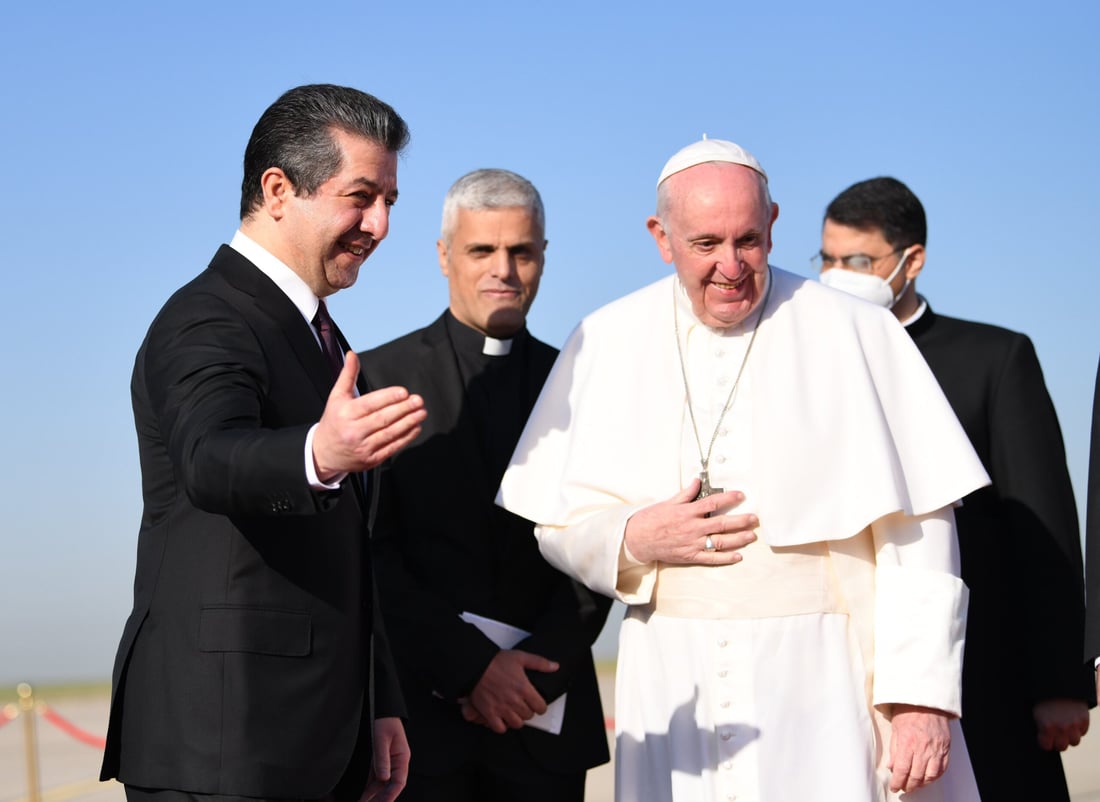 Kurdistan Region Prime Minister Masrour Barzani welcomes Pope Francis to Erbil during the pontiff’s historic 2021 visit to Iraq.