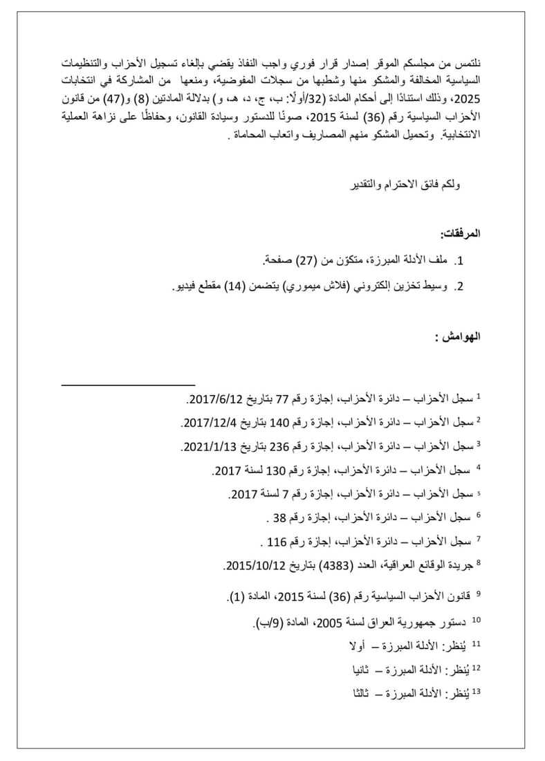 الوثائق الكاملة لدعوى منع العصائب وبدر وكل الفصائل المسلحة من الانتخابات