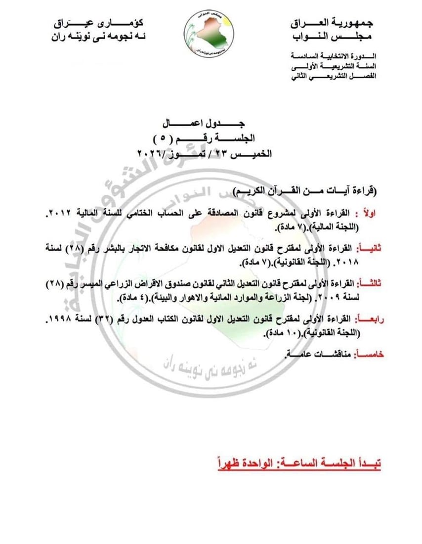 البرلمان يعلن جدول أعمال 3 جلسات: مناقشات مالية ومكافحة الإتجار بالبشر والوقف السني