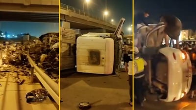 شاهد: انقلاب شاحنة في الموصل وأكسنت وسط النجف والمارة ساهموا بإنقاذ السائقين