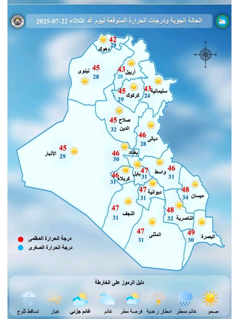 طقس العراق: الأجواء صحوة والحرارة ترتفع مجدداً في الوسط والجنوب