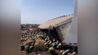 شاهد: أطنان “رگي” على قارعة الطريق بين بغداد وسامراء بعد انقلاب شاحنة