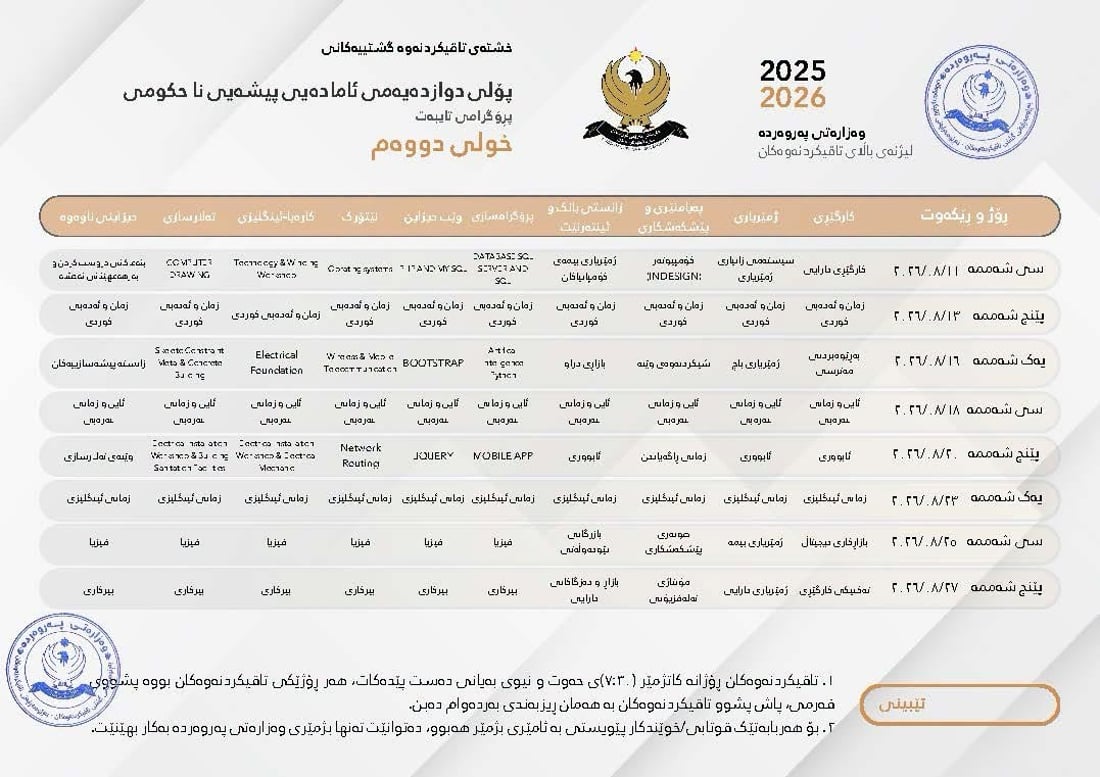 خشتەی تاقیکردنەوەکانی خولی دووەم بۆ پۆلی 12 بڵاوکرایەوە