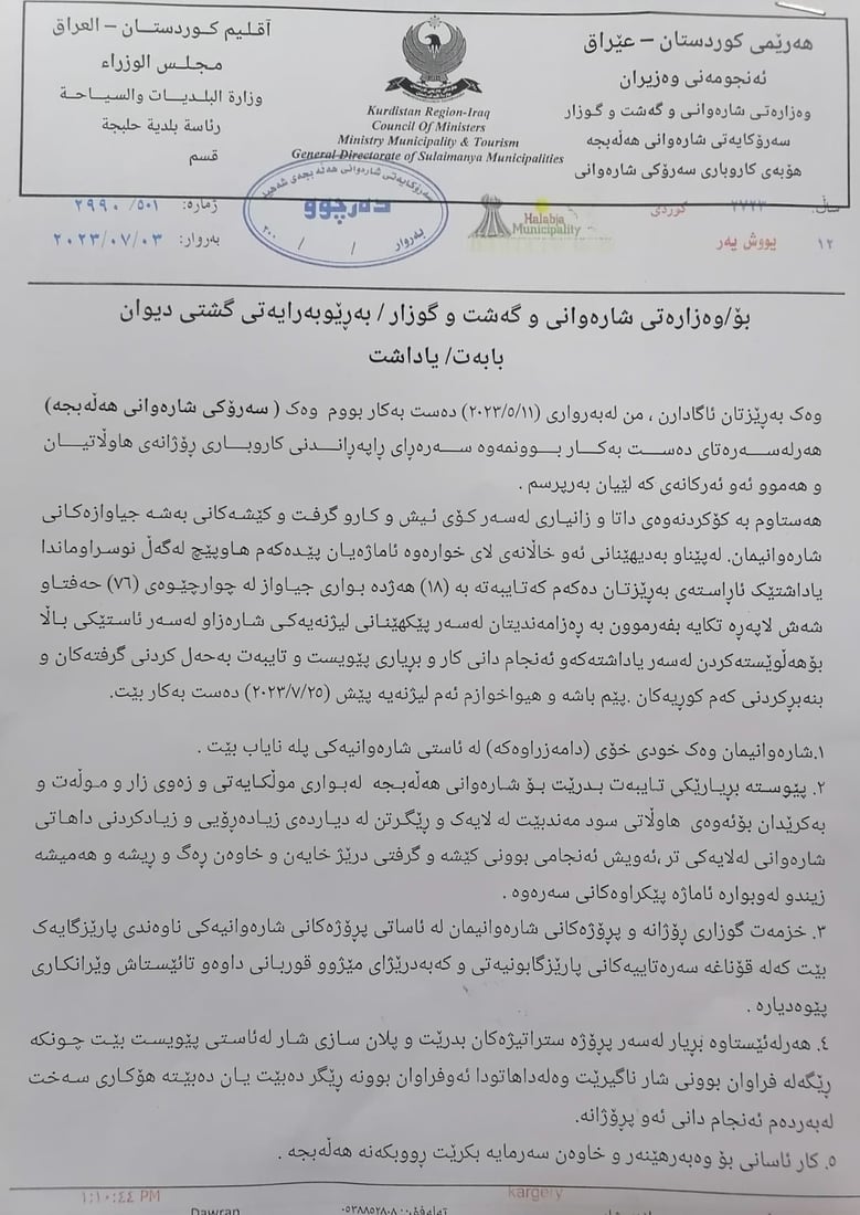 سەرۆکی شارەوانی هەڵەبجە یاداشتێکی 76 لاپەڕەیی بۆ وەزیری شارەوانی دەنووسێت