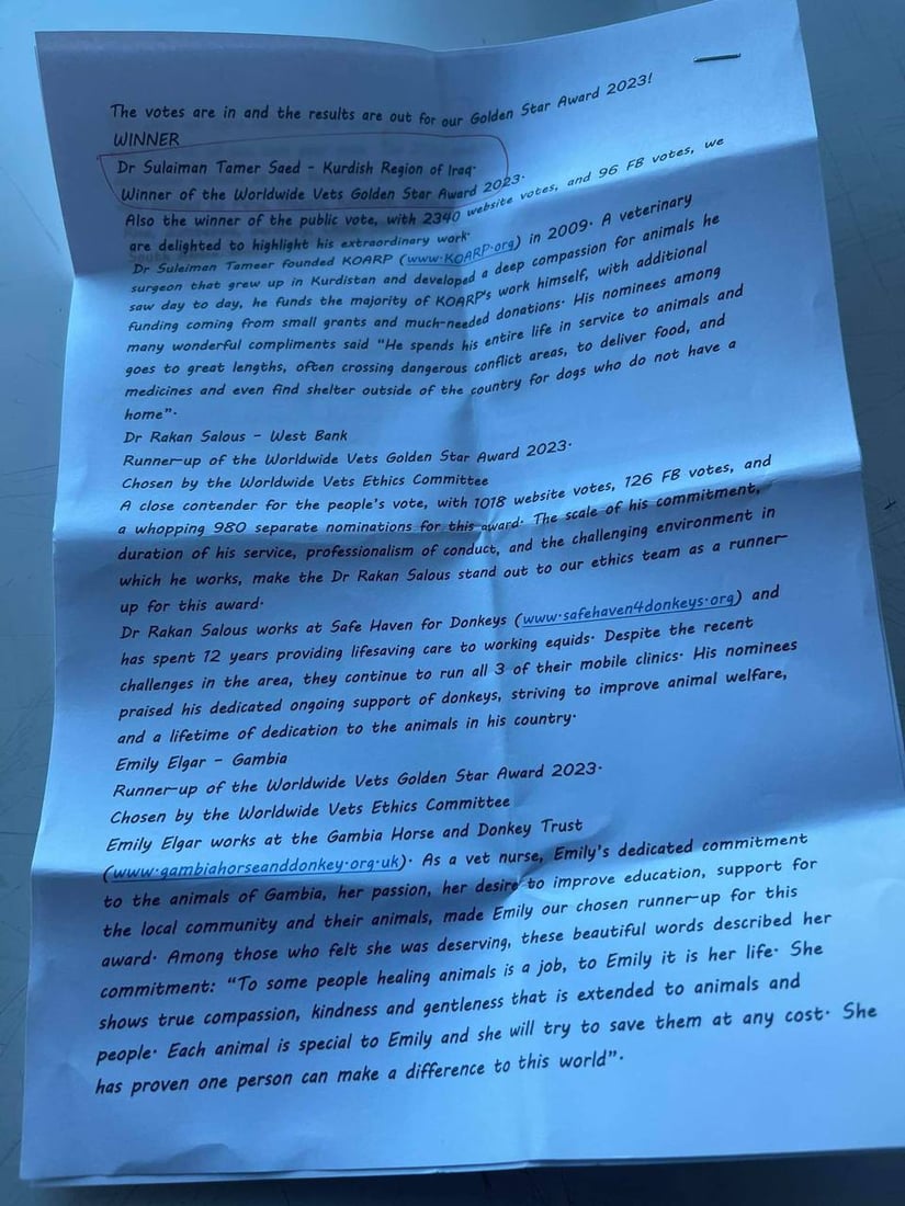 دكتور “سليمان” من دهوك حصد جائزة “Worldwide Vets” العالمية (صور)