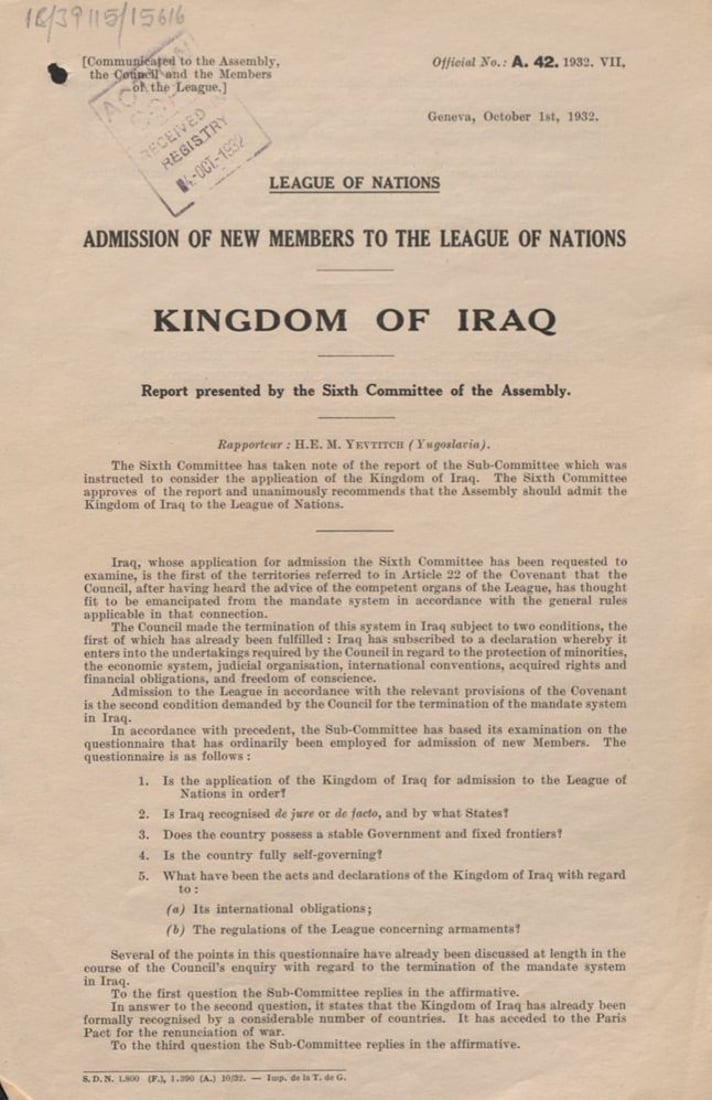 وثائق انضمام العراق الى عصبة الأمم 3 تشرين الأول 1932