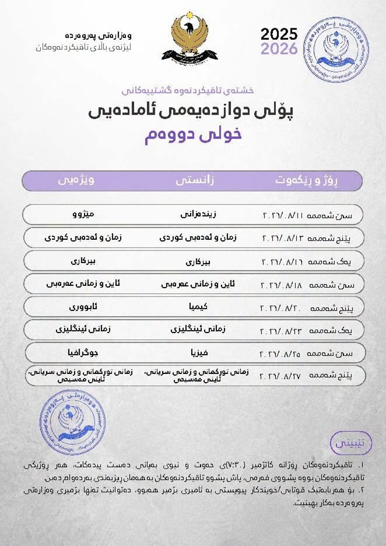 خشتەی تاقیکردنەوەکانی خولی دووەم بۆ پۆلی 12 بڵاوکرایەوە