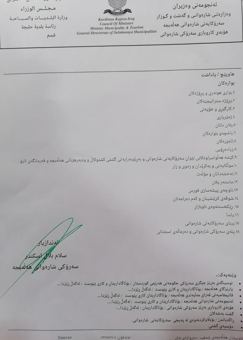 سەرۆکی شارەوانی هەڵەبجە یاداشتێکی 76 لاپەڕەیی بۆ وەزیری شارەوانی دەنووسێت