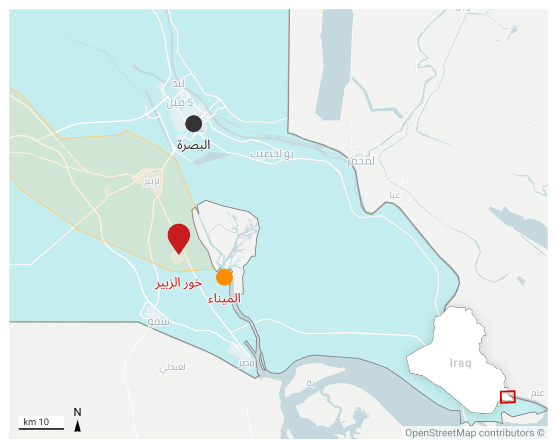 Map showing Khor Al-Zubair subdistrict in western Basra