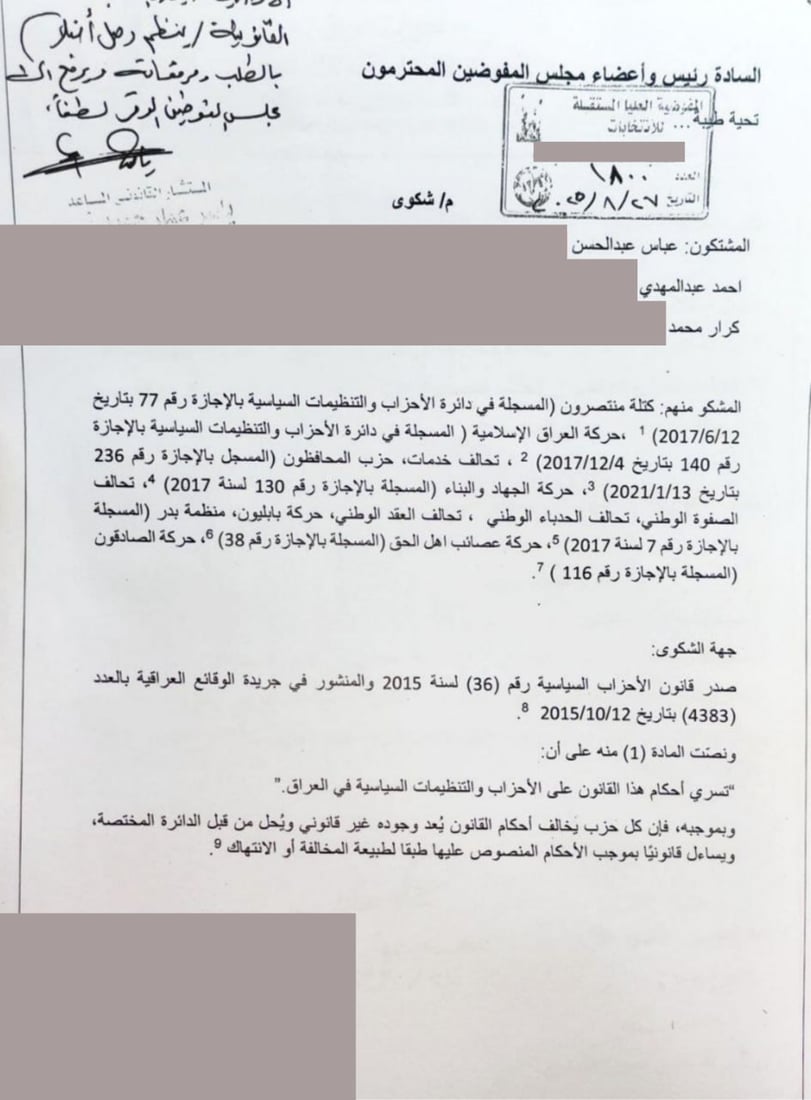الوثائق الكاملة لدعوى منع العصائب وبدر وكل الفصائل المسلحة من الانتخابات
