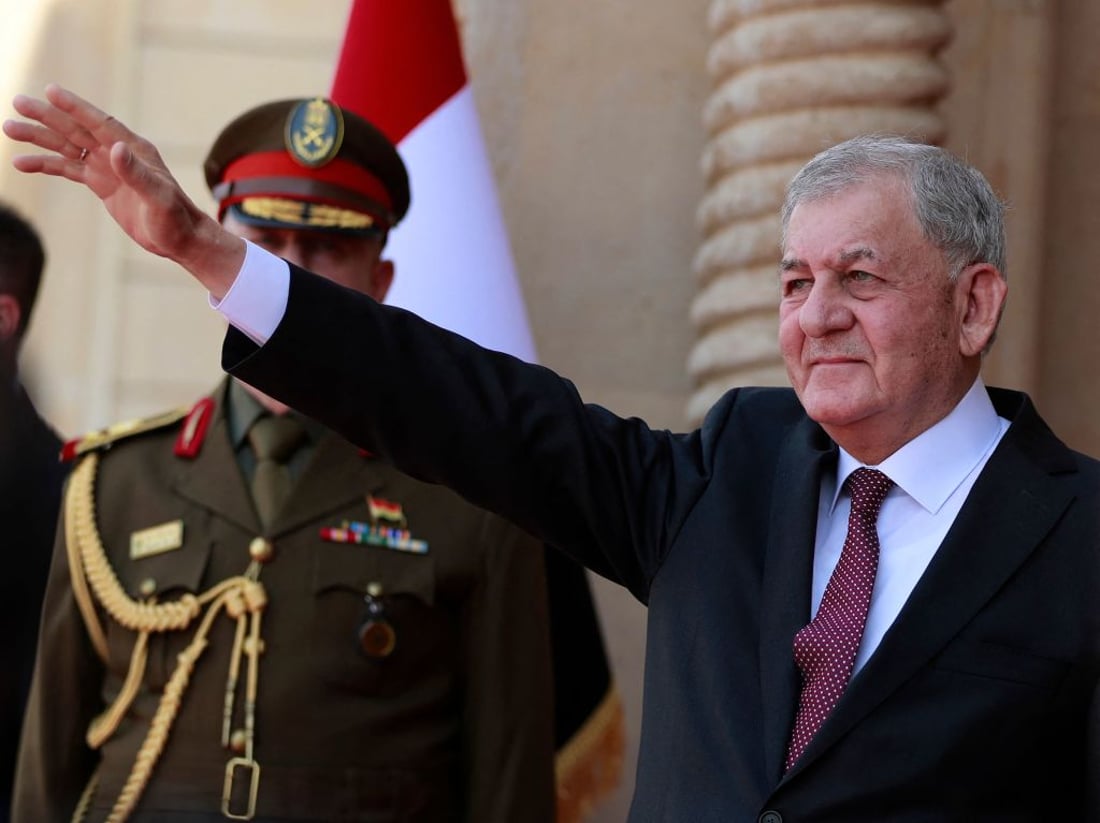 Iraq's newly-elected President Abdul Latif Rashid waves during his inauguration and handover ceremony at al-Salam Palace in the capital Baghdad on October 17, 2022. (Photo by AHMAD AL-RUBAYE / AFP) (Photo by AHMAD AL-RUBAYE/AFP via Getty Images)