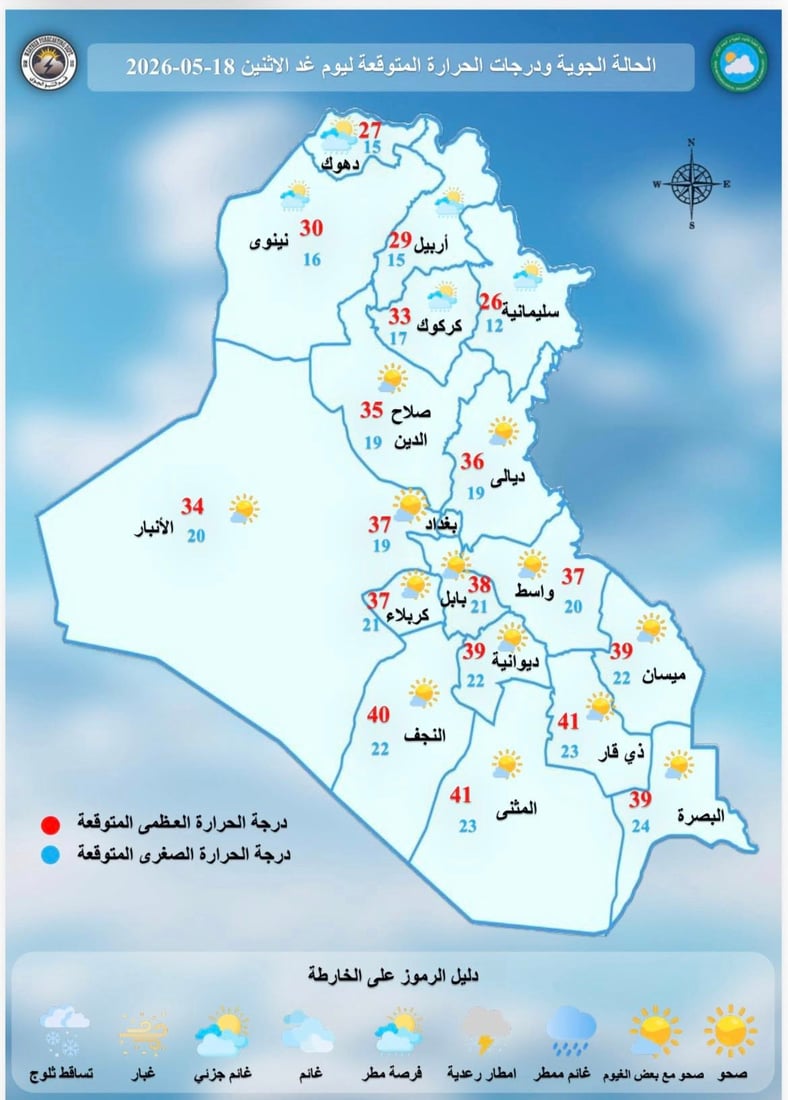 طقس العراق: الحرارة تتجاوز الـ 40 في الوسط والجنوب وأمطار رعدية شمالاً