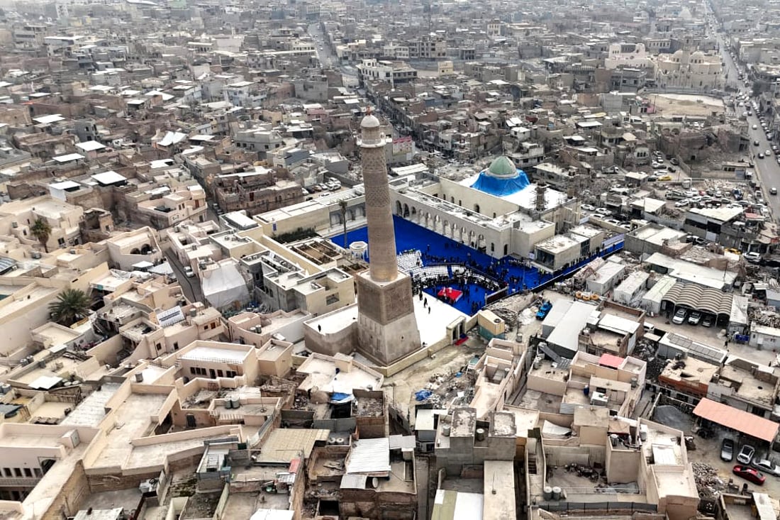 An aerial picture shows a view of the the historic Great Mosque of Al-Nuri, whose 