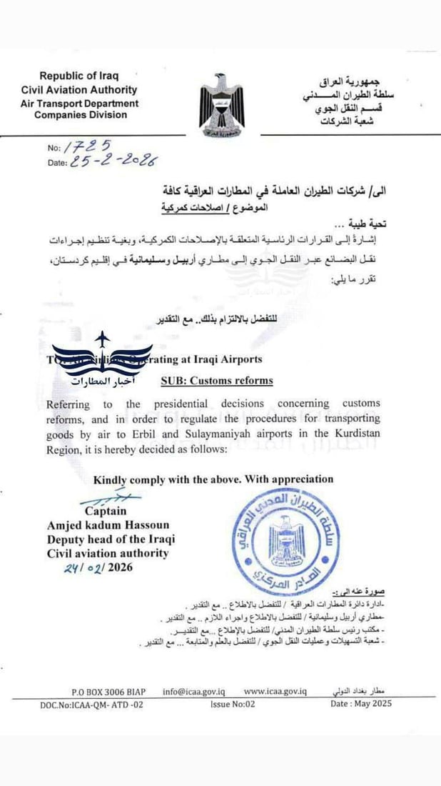 سلطة الطيران تمنع إدخال الموبايلات والذهب عبر مطارات كردستان