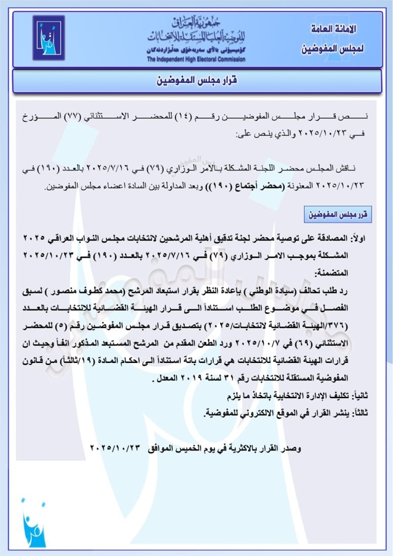 مفوضية الانتخابات تعيد سجاد سالم وتستبعد مرشحين من تصميم ودولة القانون