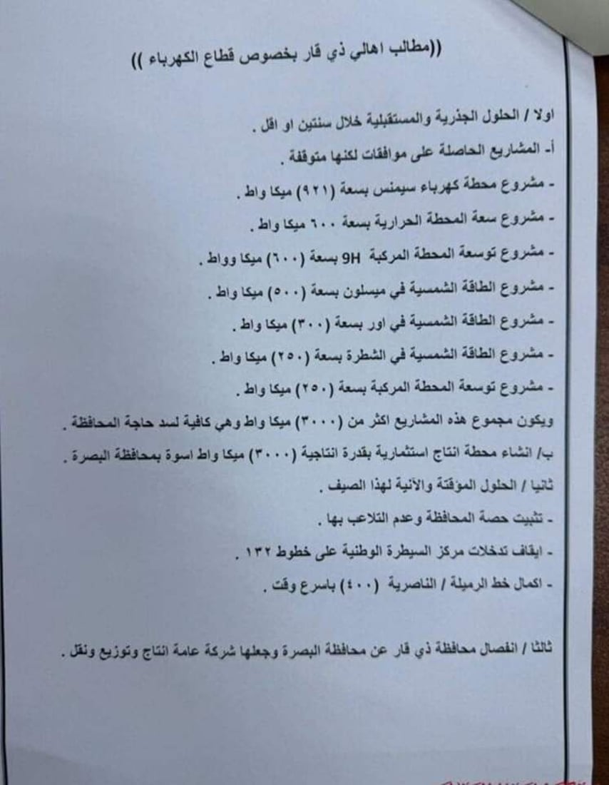 لن نفاوض السوداني ونثق بقائد الشرطة فقط.. اعتصام الناصرية الكهربائي بمهلة 48 ساعة