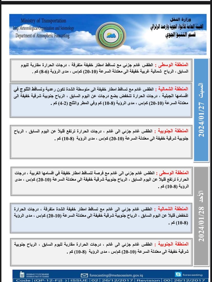 طقس العراق: ثلوج على جبال كردستان وأجواء غائمة في الوسط والجنوب