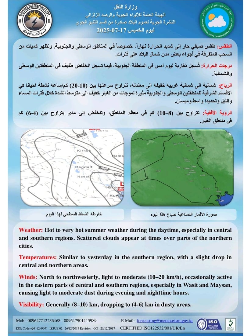 طقس العراق: تصاعد للغبار وأجواء شديدة الحرارة في عموم البلاد