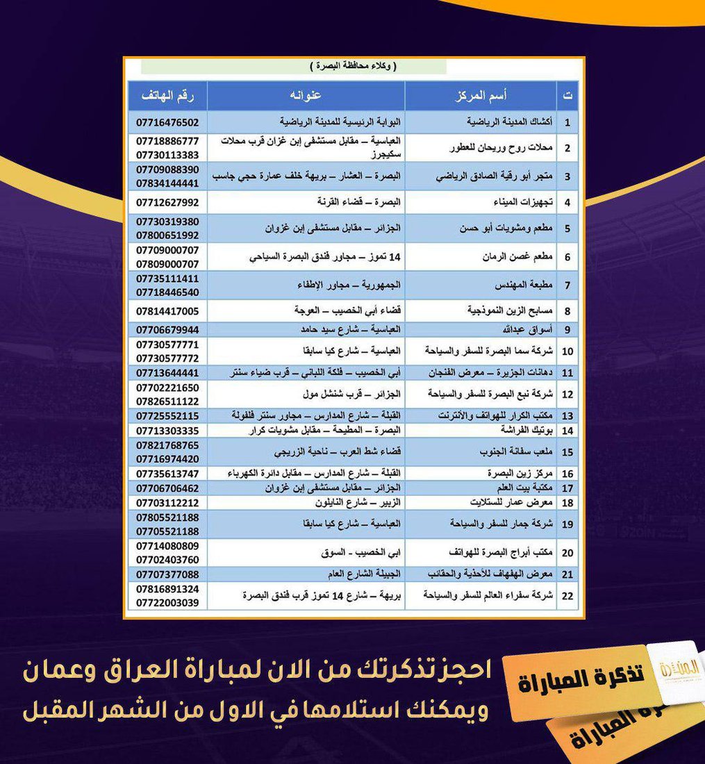 تذاكر مباراة العراق وعمان تباع في 35 منفذاً.. انتبهوا لا يوجد بيع إلكتروني