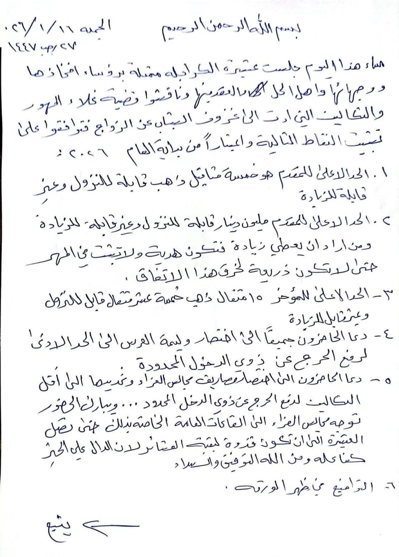 عشيرة الكرابلة تحدد مهر الزواج بمليون دينار فقط (وثيقة)