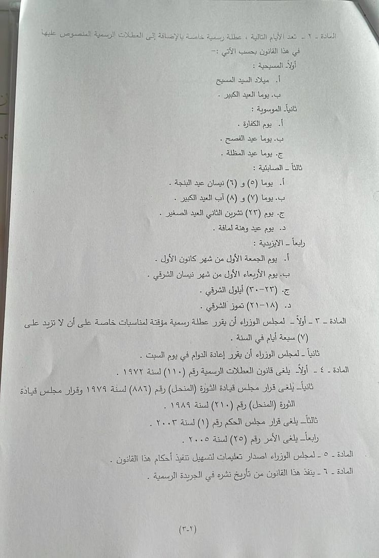 قائمة بالعطلات الرسمية التي أقرها مجلس النواب