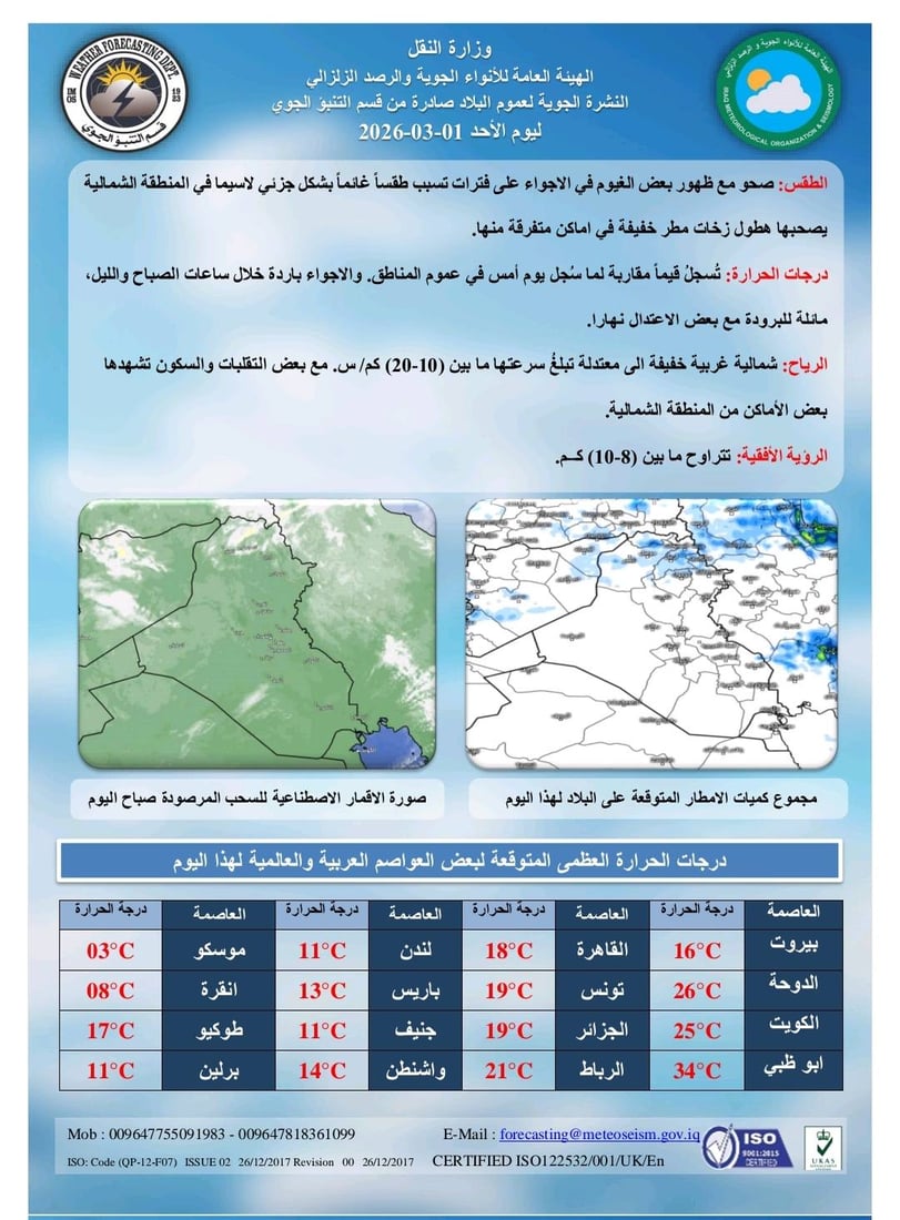 طقس العراق يشهد أمطاراً وثلوجاً مع أجواء باردة صباحاً وليلاً